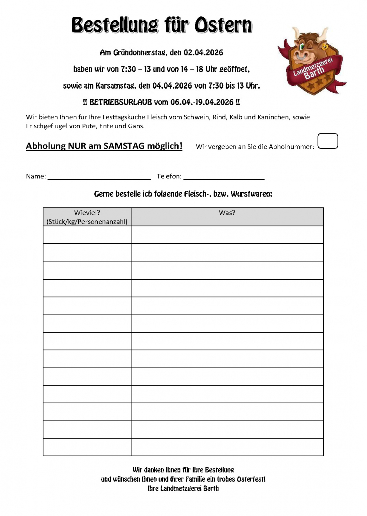 Bestellung Ostern 26
